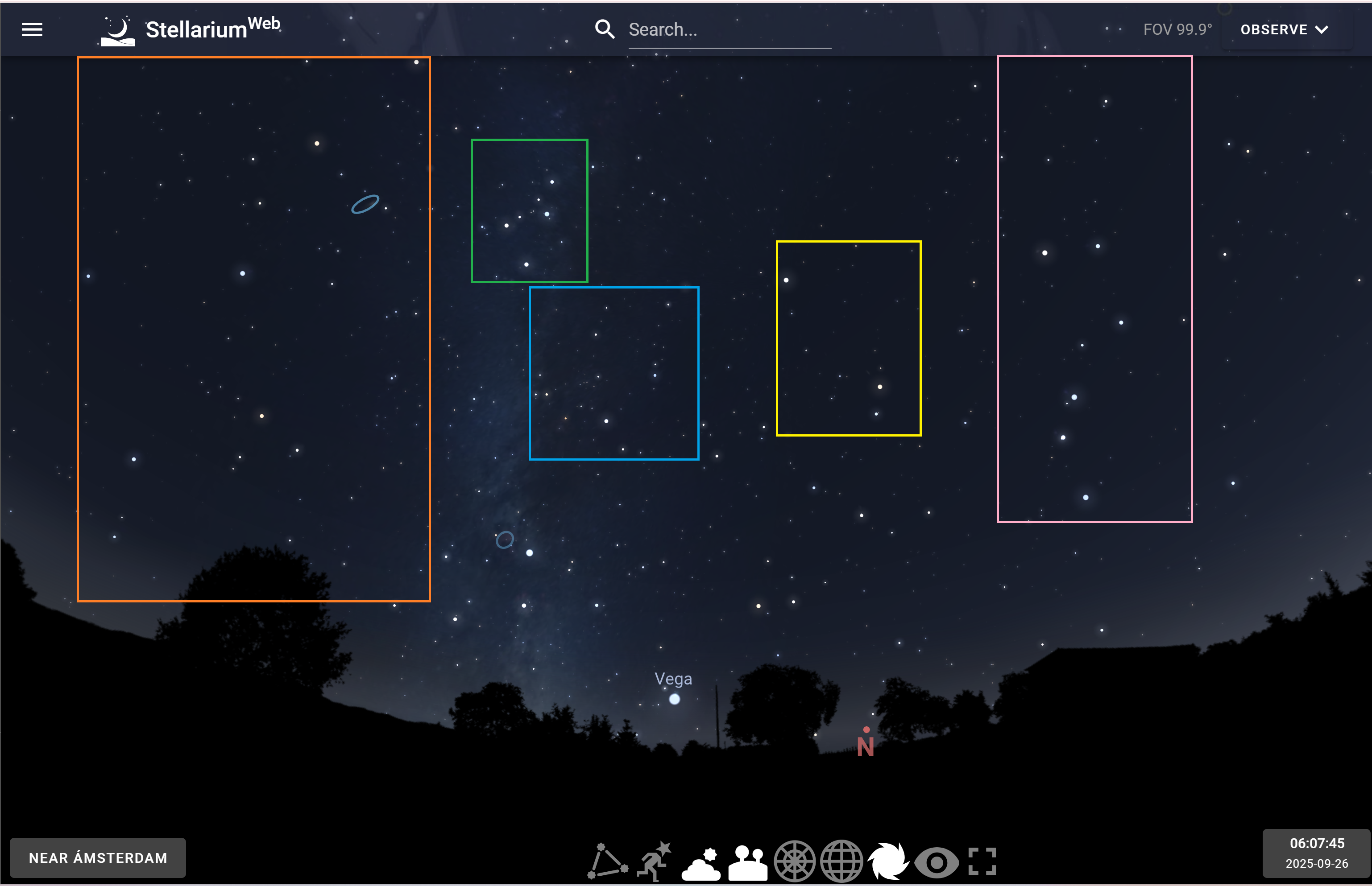 trozos del cielo con zona para constelaciones indicadas