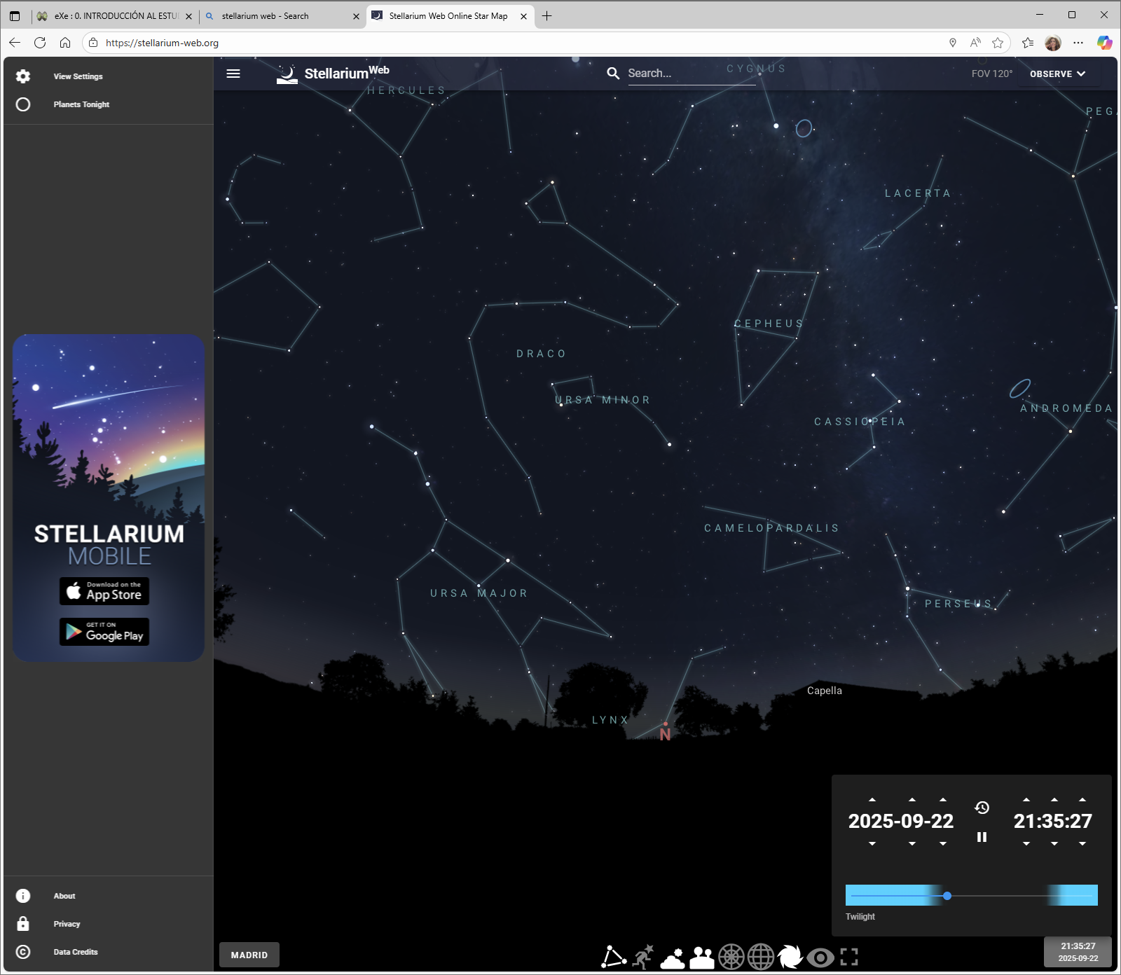 constelaciones en Stellarium Web
