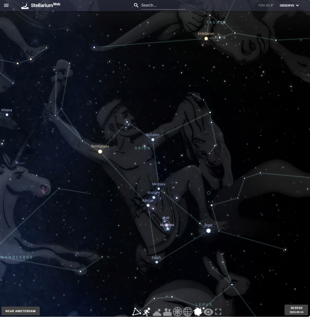 constelación de Orión en Stellarium web